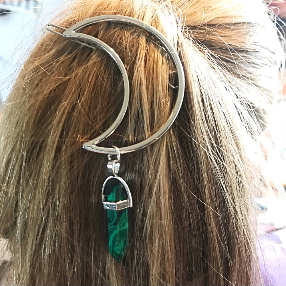 Hippie Boho Malachite Silver Crescent Moon Hair